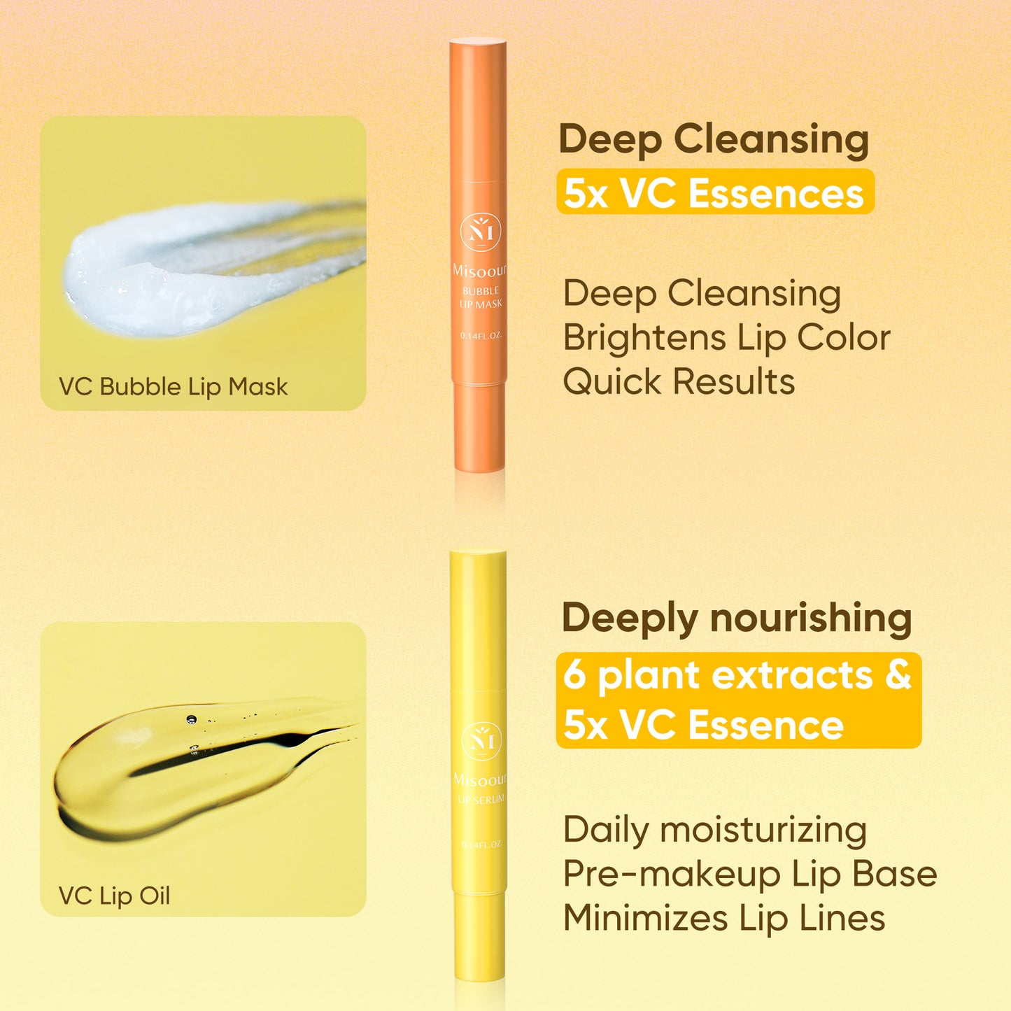 Misoour VC Lip Care Kit: Bubble Lip Mask + 2 Lip Serums with 5 VC extracts, Deep Cleansing Moisturizing, Skincare Essential for Lipcare Hydrating