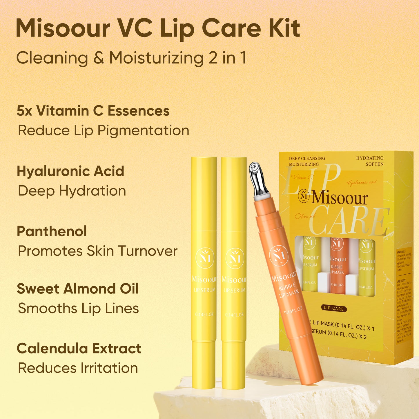 Misoour VC Lip Care Kit: Bubble Lip Mask + 2 Lip Serums with 5 VC extracts, Deep Cleansing Moisturizing, Skincare Essential for Lipcare Hydrating