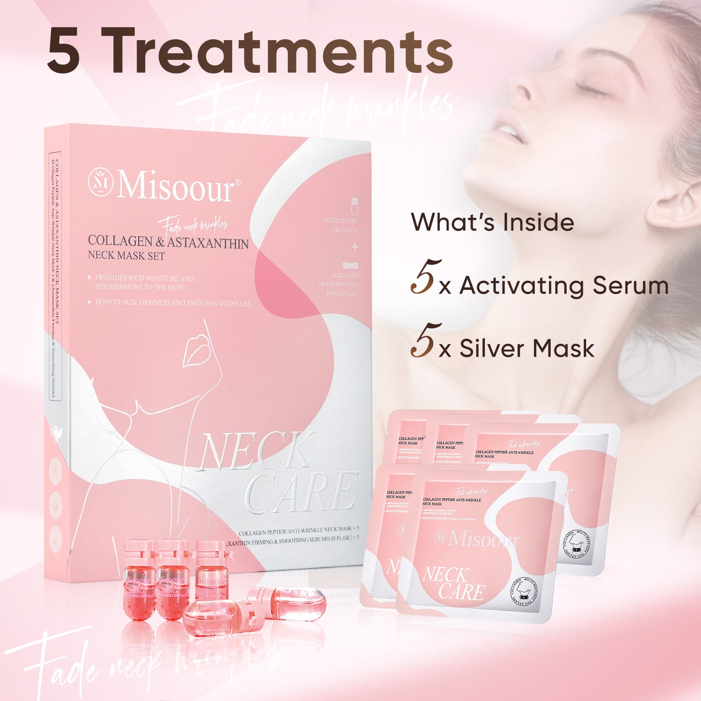 Misoour Neck Mask Set:Collagen Peptide Anti-Wrinkle Neck Mask + Astaxanthin Firming & Smoothing Serum|Reduce neck wrinkles, Moisturize and brighten,Firm and lift